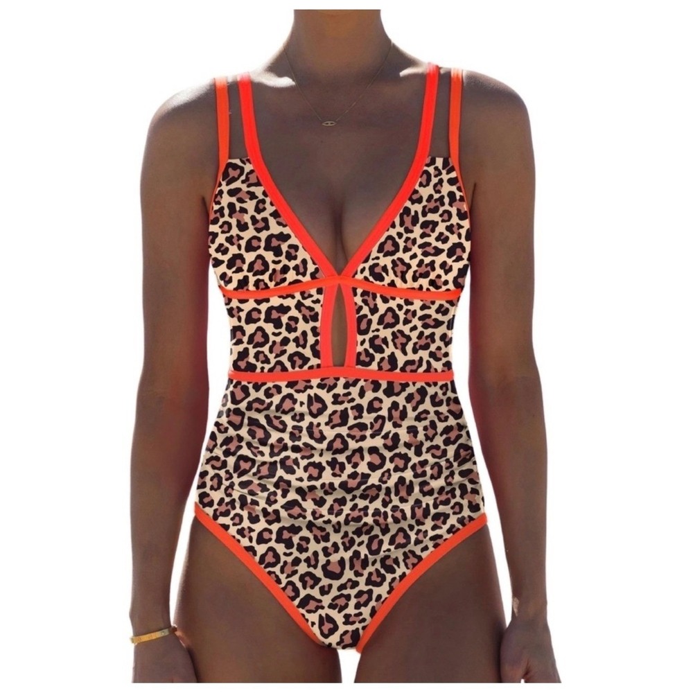 NWT Popvil Women Leopard Print Neon Orange Tummy Control Cutout One Piece Swim S